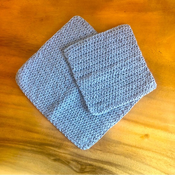 Set of Two Hand Made Hand Crafted Blue Cotton Crochet Dishcloths Washcloths